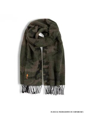Polo Ralph Lauren Men’s Wool Scarf Camouflage Green Fringe Trim O/S NWT